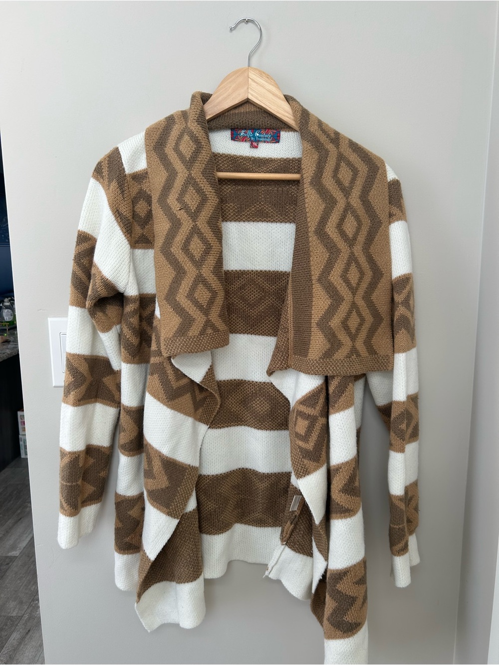 Striped Open-Front Shawl Collar Sweater Cardigan - Tan & White